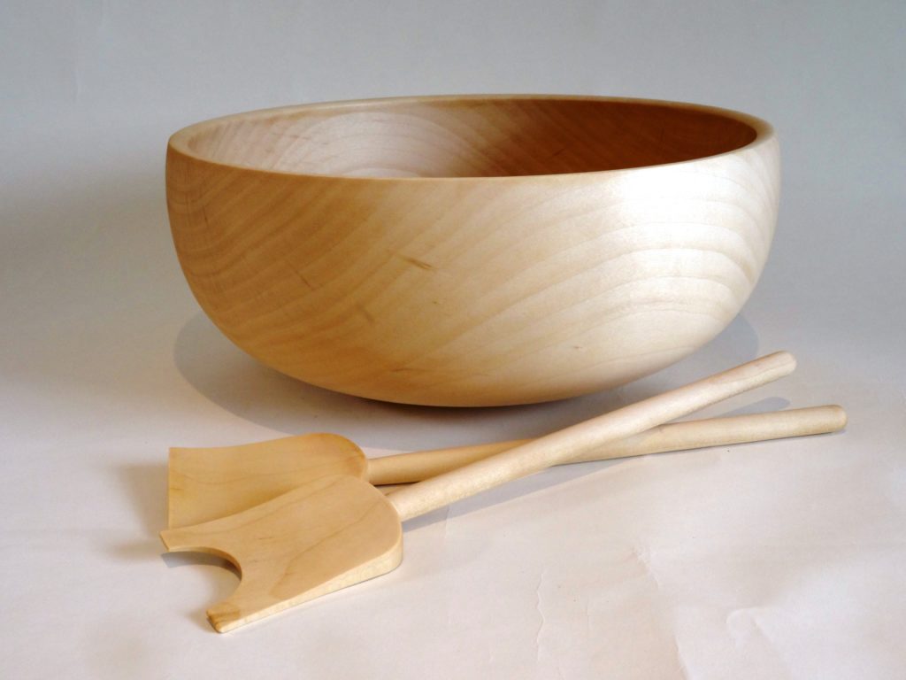 Large Sycamore Salad Bowl And Servers - Dave Appleby Woodturner